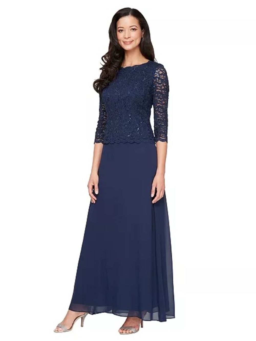 Alex Evenings Sequin Embellished Lace Top Gown Navy 10